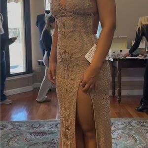 Elegant Beaded Evening Gown - Tan